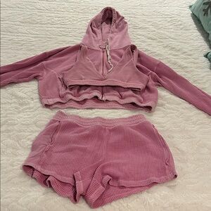 Aerie Pink Waffle Knit Full Zip, Bra, and Shorts Set